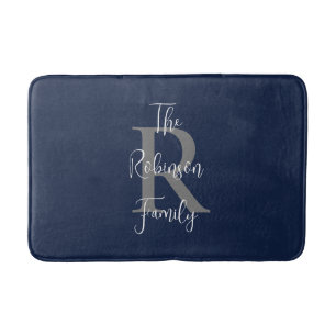 Navy Blue White Family Name Classic Monogrammed Bath Mat