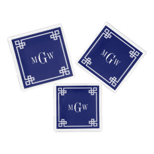 Navy Blue White Fancy Greek Key Frame 3I Monogram Acrylic Tray