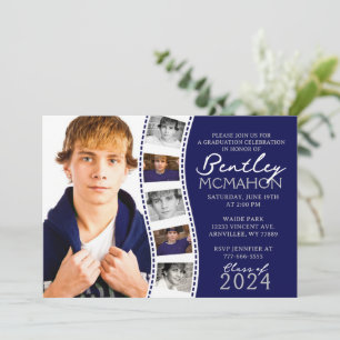 Navy Blue & White Filmstrip 6 Photo Graduation In Invitation