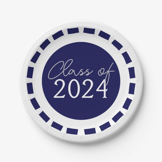 Navy Blue & White Filmstrip Class Year Graduation Paper Plates (Front)