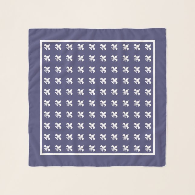 Navy Blue White Fleur de Lis Pattern Scarf (Front)