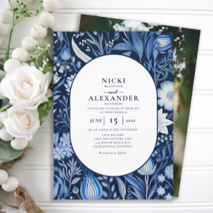 Navy Blue White Floral Arch Photo Wedding Invitation