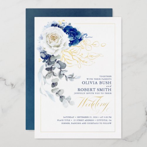 Navy Blue  White Floral Boho Elegant Wedding Foil Invitation