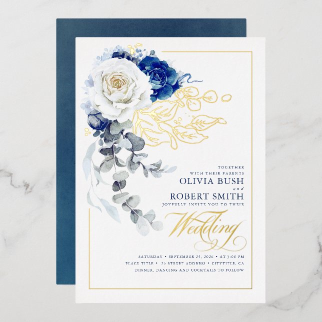 Navy Blue & White Floral Boho Elegant Wedding Foil Invitation (Front/Back)
