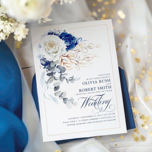 Navy Blue  White Floral Boho Gold Elegant Wedding Invitation