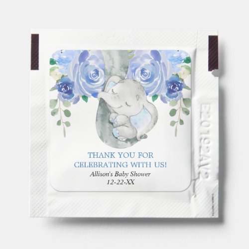 Navy blue white floral boy elephant baby shower hand sanitizer packet