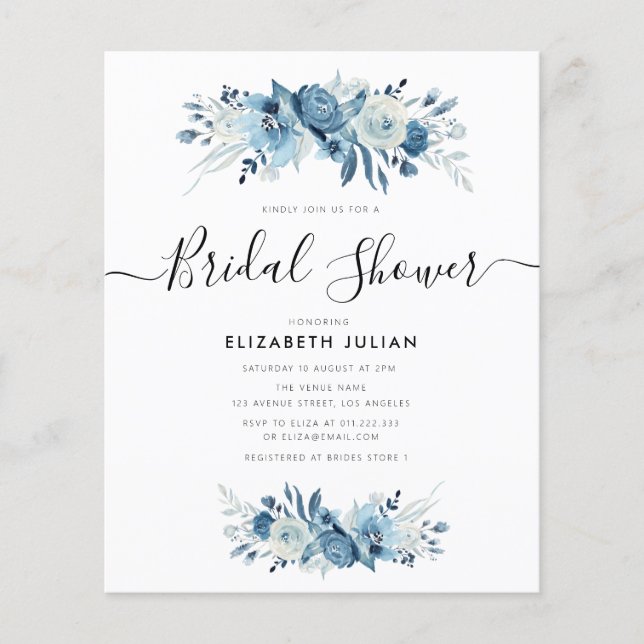 navy blue & white floral bridal shower invitation (Front)