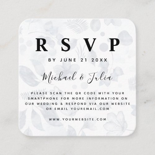 Navy Blue  White Floral Chic QR Code Wedding RSVP Enclosure Card