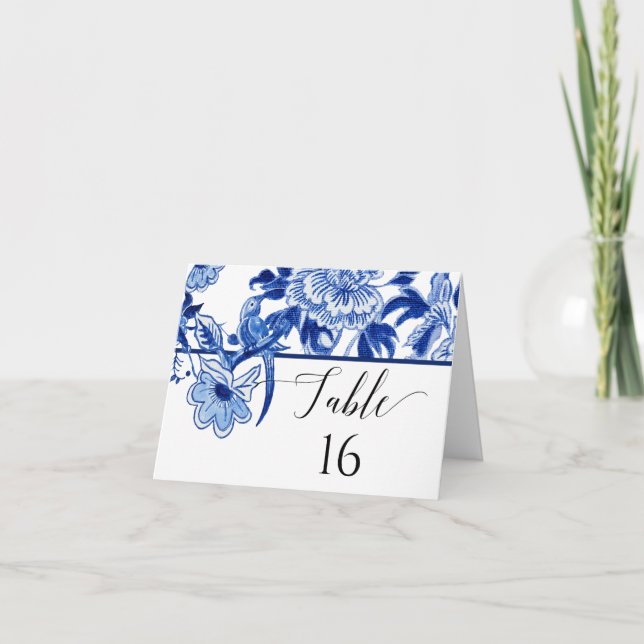 Navy Blue White Floral Chinoiserie Table Number (Front)