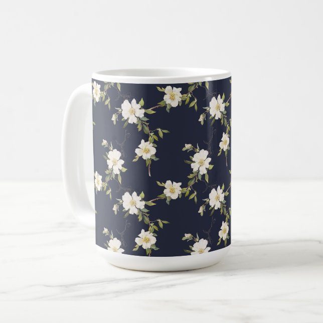 Navy Blue White Floral Coffee Mug (Front Left)