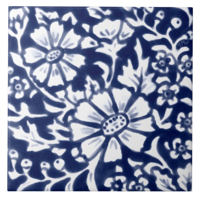 Navy Blue White Floral Daisy Leaf Chinoiserie Ceramic Tile (Front)