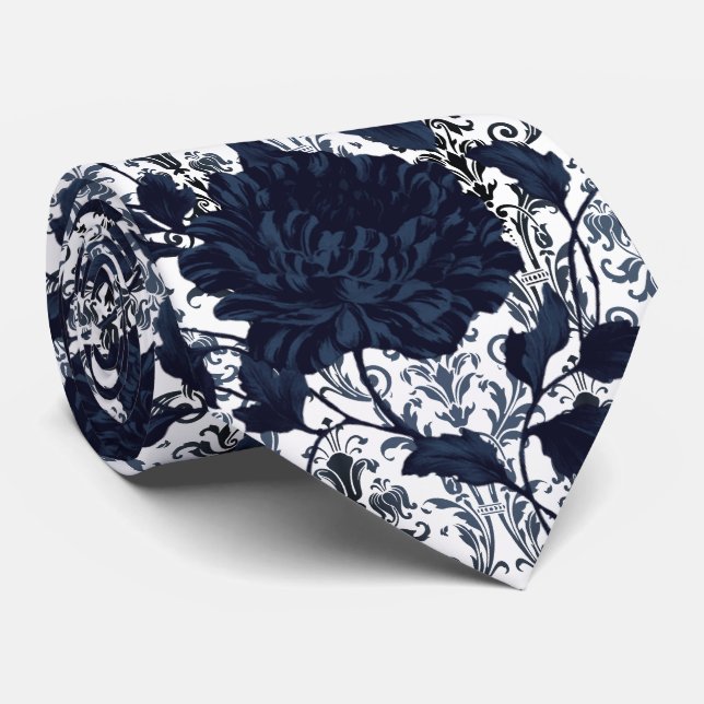 Navy Blue & White Floral Damask Aristocrat Wedding Neck Tie (Rolled)