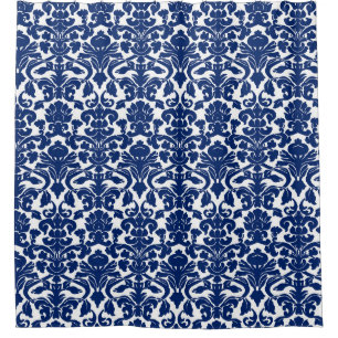 Navy Blue White Floral Damask Shower Curtain