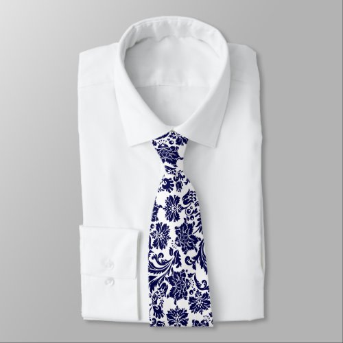 Navy_Blue  White Floral Damasks Neck Tie