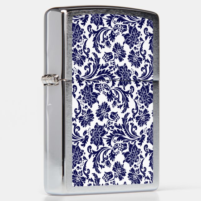 Navy-Blue & White Floral Damasks Zippo Lighter (Right)