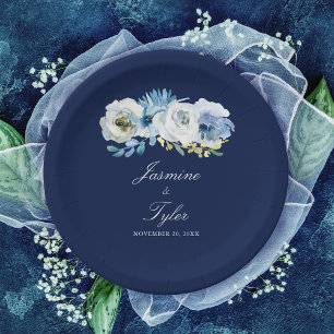Navy Blue White Floral Elegant Minimalist Wedding Paper Plates