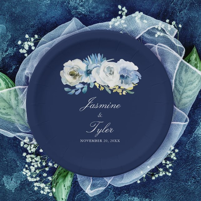 Navy Blue White Floral Elegant Minimalist Wedding  Paper Plates (Creator Uploaded)