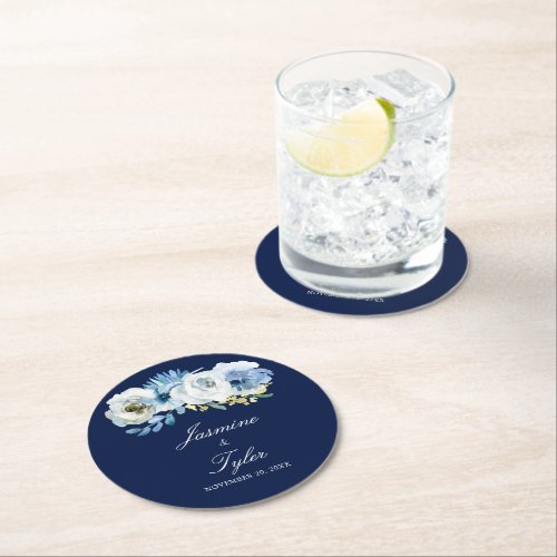 Navy Blue White Floral Elegant Minimalist Wedding  Round Paper Coaster