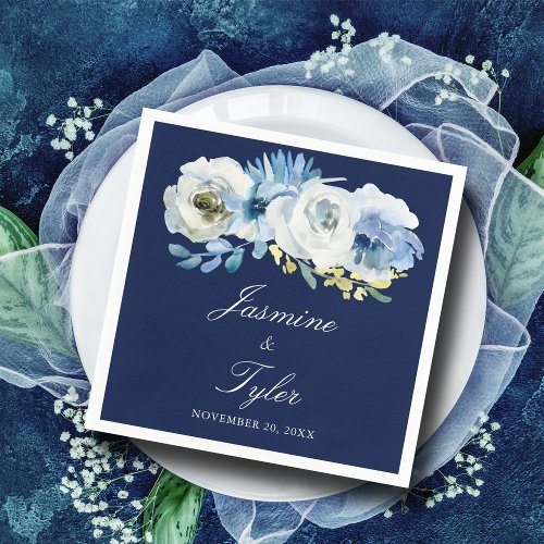 Navy Blue White Floral Elegant Modern Wedding  Napkins