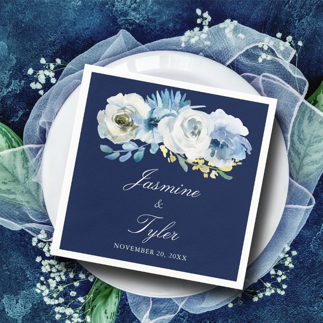 Navy Blue White Floral Elegant Modern Wedding  Napkins (Creator Uploaded)