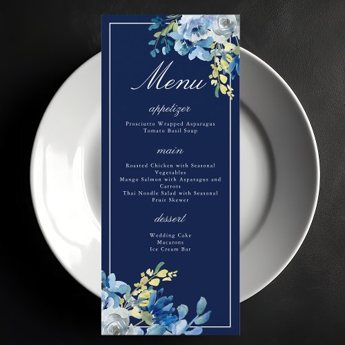 Navy Blue White Floral Elegant Wedding Dinner Menu