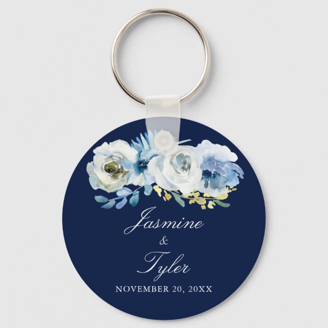 Navy Blue White Floral Elegant Wedding Favor Keychain (Front)