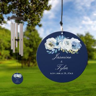 Navy Blue White Floral Elegant Wedding Wind Chime