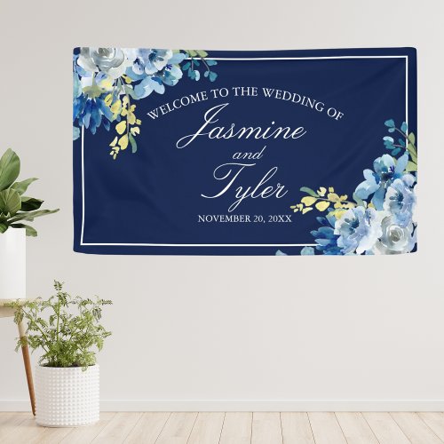Navy Blue White Floral Elegant Welcome Wedding Banner