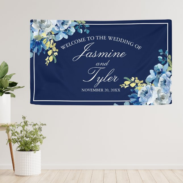 Navy Blue White Floral Elegant Welcome Wedding Banner (Creator Uploaded)