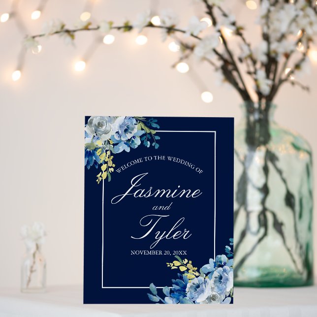 Navy Blue White Floral Elegant Welcome Wedding Foam Board (In Situ (Wedding))
