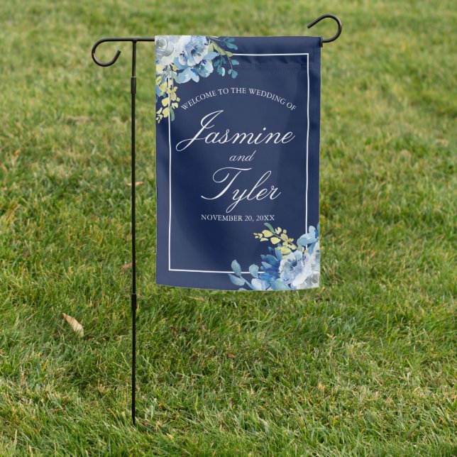 Navy Blue White Floral Elegant Welcome Wedding Garden Flag (In SItu)