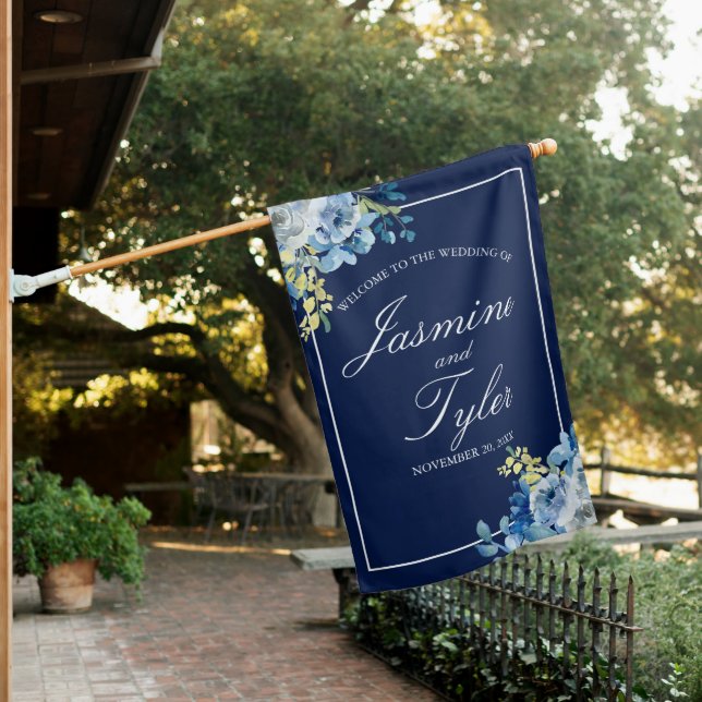 Navy Blue White Floral Elegant Welcome Wedding House Flag (In SItu)