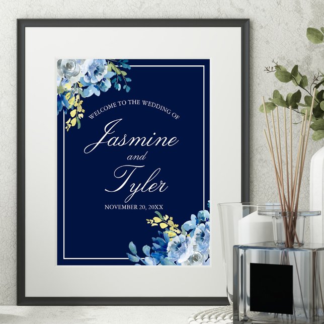 Navy Blue White Floral Elegant Welcome Wedding Poster (Creator Uploaded)