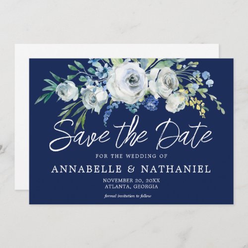 Navy Blue White Floral Elegant Winter Evening Save The Date