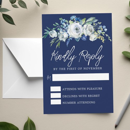 Navy Blue White Floral Elegant Winter Wedding RSVP Card