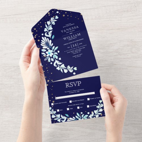 Navy blue white floral garland with hearts wedding all in one invitation