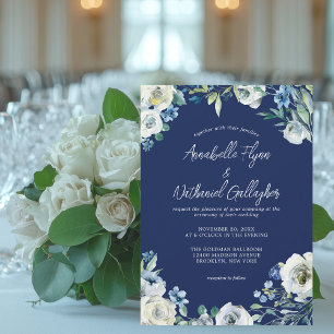 Navy Blue White Floral Handwritten Winter Wedding Invitation