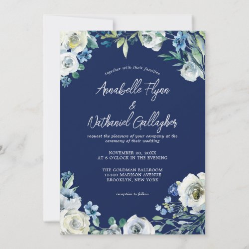 Navy Blue White Floral Handwritten Winter Wedding Invitation