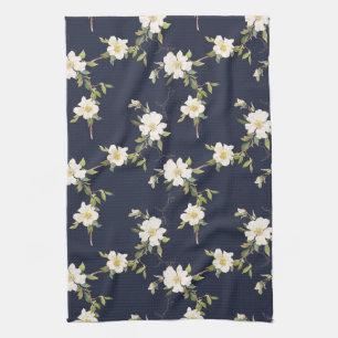 Navy Blue White Floral Kitchen Towel
