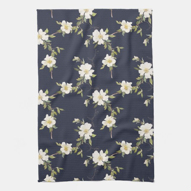Navy Blue White Floral Kitchen Towel (Vertical)