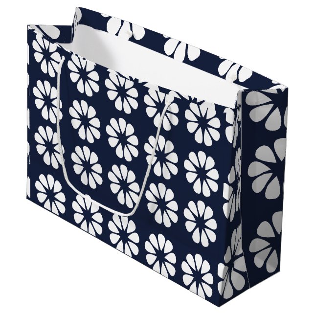 Navy Blue White Floral Large Gift Bag (Front Angled)
