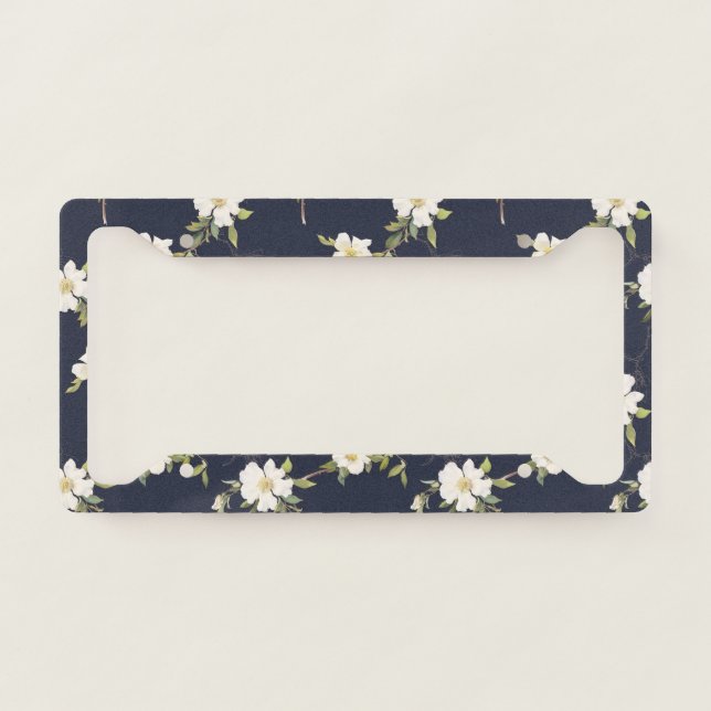 Navy Blue White Floral  License Plate Frame (Front)