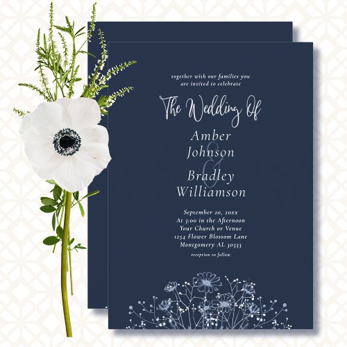 Navy Blue White Floral Minimal QR Code Wedding  Invitation