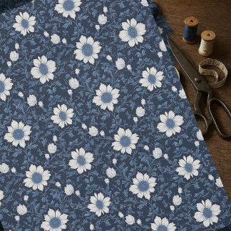 Navy Blue White Floral Minimalistic Victorian Chic Fabric