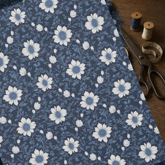 Navy Blue White Floral Minimalistic Victorian Chic Fabric (Navy Blue White Floral Minimalistic Victorian Chic Fabric)