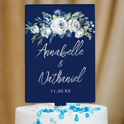 Navy Blue White Floral Modern Evening Wedding Cake Topper