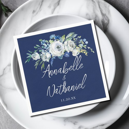 Navy Blue White Floral Modern Evening Wedding Napkins