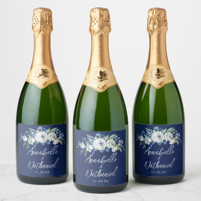 Navy Blue White Floral Modern Evening Wedding Sparkling Wine Label (Bottles)