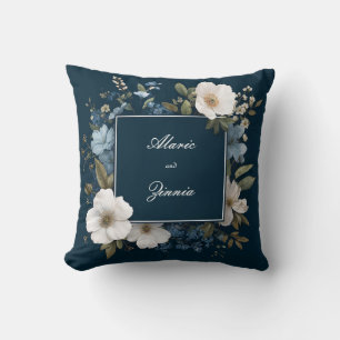 Navy Blue White Floral Modern Square Frame Throw Pillow