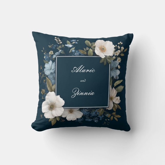 Navy Blue White Floral Modern Square Frame Throw Pillow (Front)